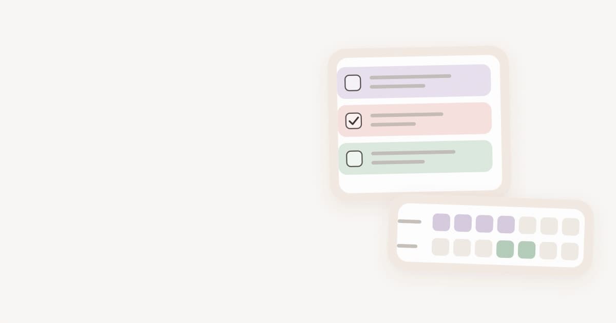 Two tilted planner cards: a short to-do list above a two-row habit tracker with some days filled in.