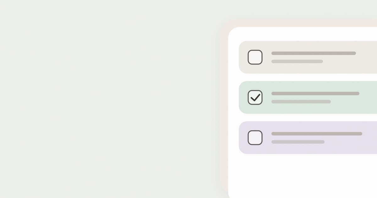 A close-up of a to-do list with three large color-coded tasks, one of them checked off.