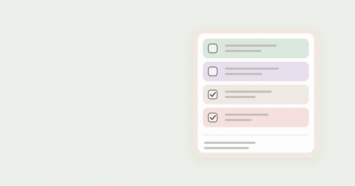 A white to-do card on a sage background with four pastel task rows, two of them ticked off.