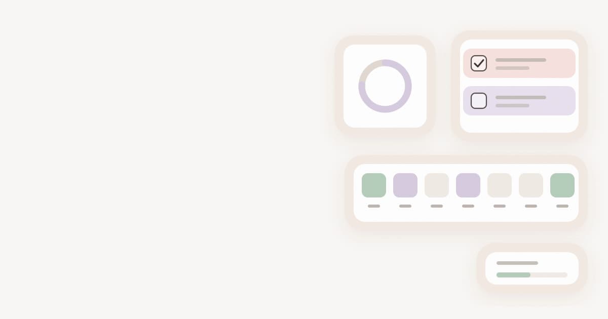 Small planner widgets: a progress ring, a short checklist, a week of habit tiles and a progress bar.