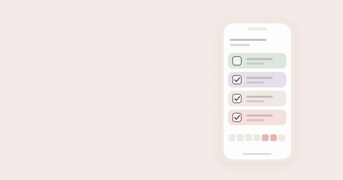 A phone showing a planner screen with four color-coded checklist rows and a row of small tiles.